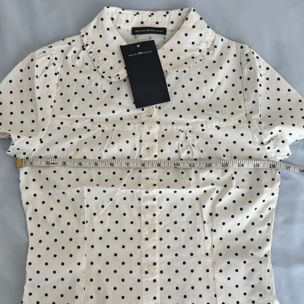 Brandy Melville Button Up Shirt Womens One Size White Polka Dot Peter Pan Collar - Picture 5 of 8